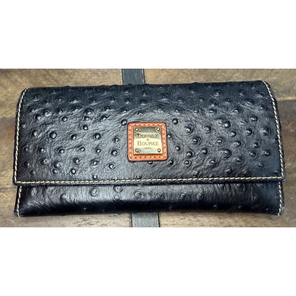 Dooney & Bourke Black Ostrich Embossed Leather Kiss Lock Tri-Fold Clutch Wallet